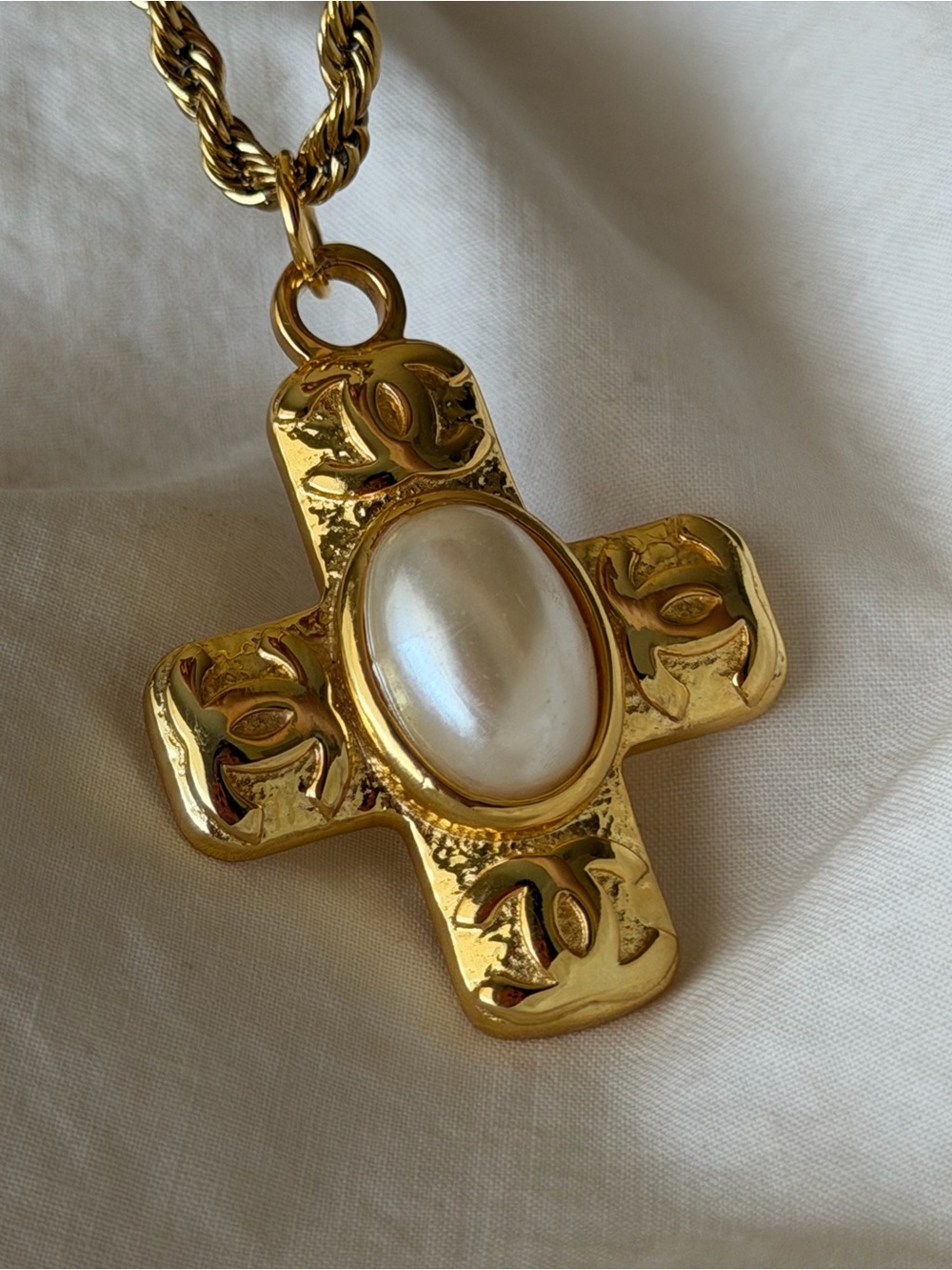 Gold Chanel Cross CC Pendant Necklace with Pearl Center
